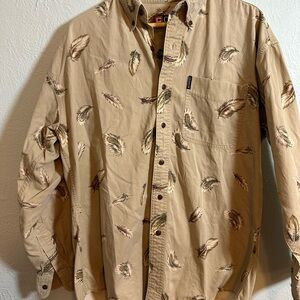 Chaps Ralph Lauren Shirt Men’s Medium  Tan Feather Graphic Long Sleeve Button Up